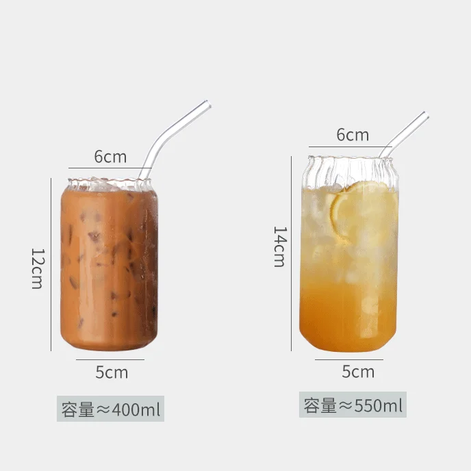 Ribbed Vertical Strips 16oz Can Shaped Glass Cups Beer Iced Coffee Drinking Glasses with Bamboo Lids Straw