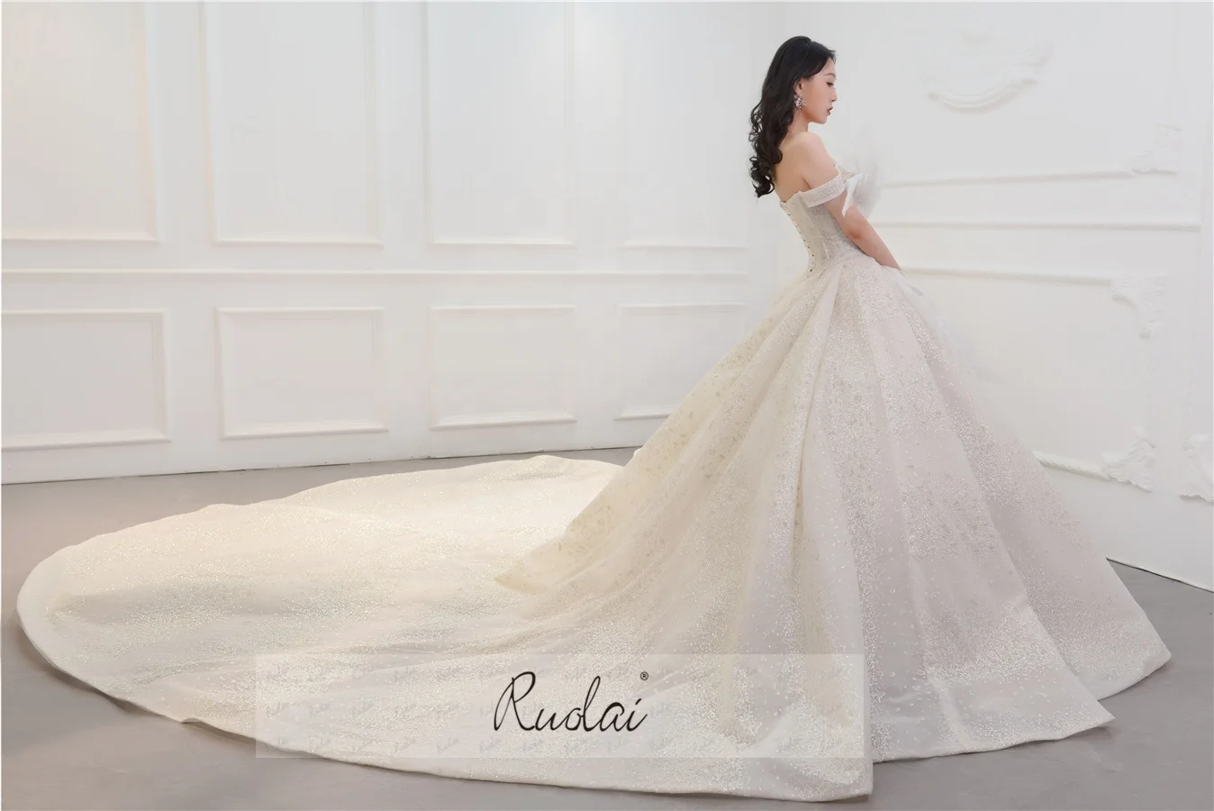 Ruolai PWD-H1224 Luxury Plus Size Wedding Dresses for Bride off Shoulder With Beads Ball Gown Wedding Dress