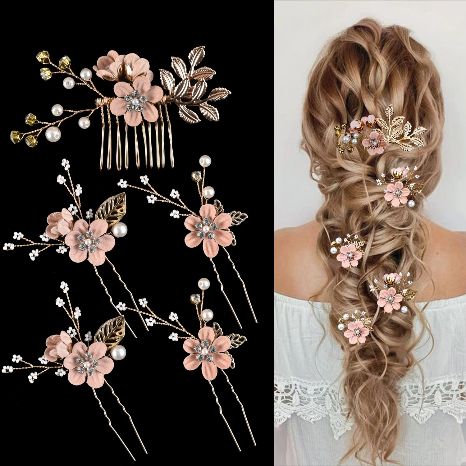 5pcs Bride Flower Wedding Hair Clip Crystal Pearl Hair Comb Flower Headpiece Women Bride Hair Decoration