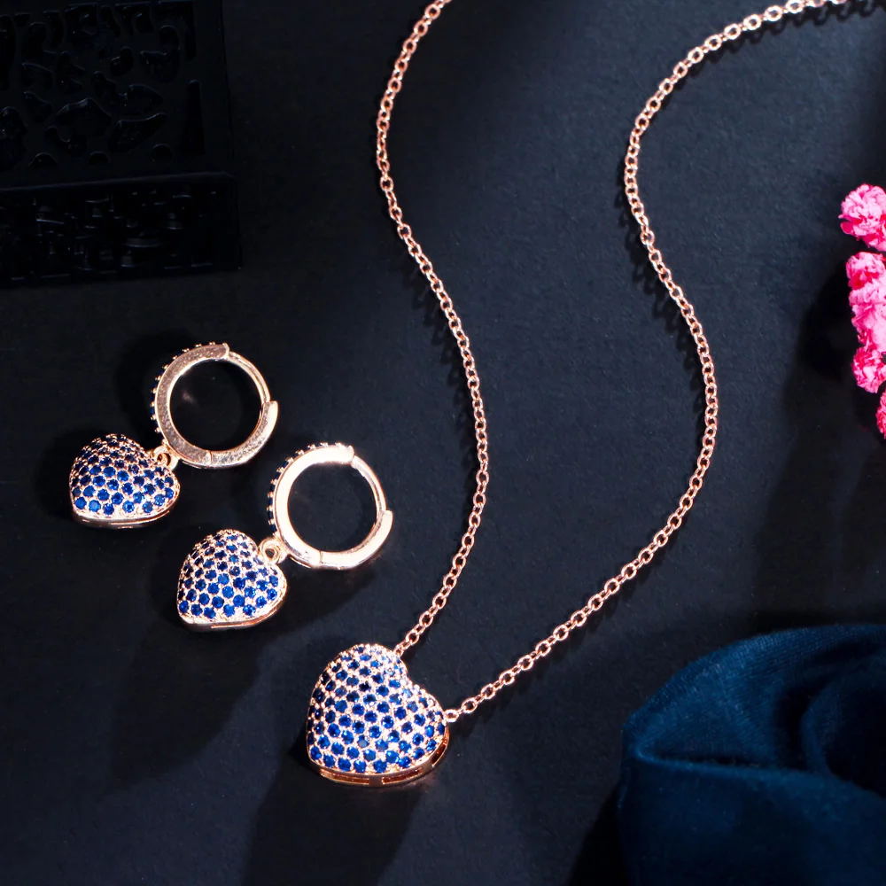 Микро-закрепка темно-синий кубический цирконий сердца серьги подвеска ожерелье Модный комплект ювелирных изделий аксессуары подарок для лучшего друга