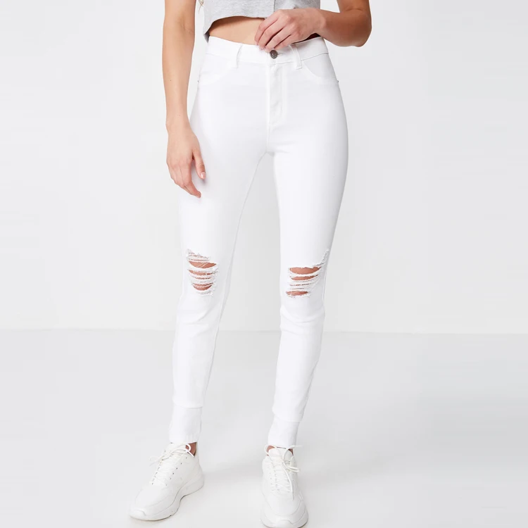 summer new fashion women white high waist skinny ripped jeans