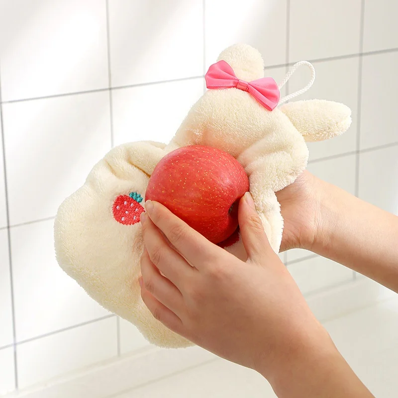 Strawberry rabbit shadow pendable coral velvet towel cartoon embroidery absorbent kitchen clean hand towel small
