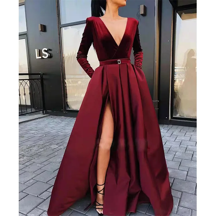 Fall Fashion Long Sleeve Deep V Neck Burgundy Dress Woman Evening Velvet Dress