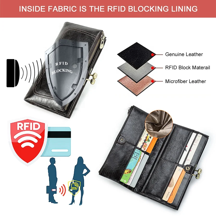 Genuine Leather Woman Credit Card Holder Metal Frame Closure Coin Purse Long bifold Wallet Women