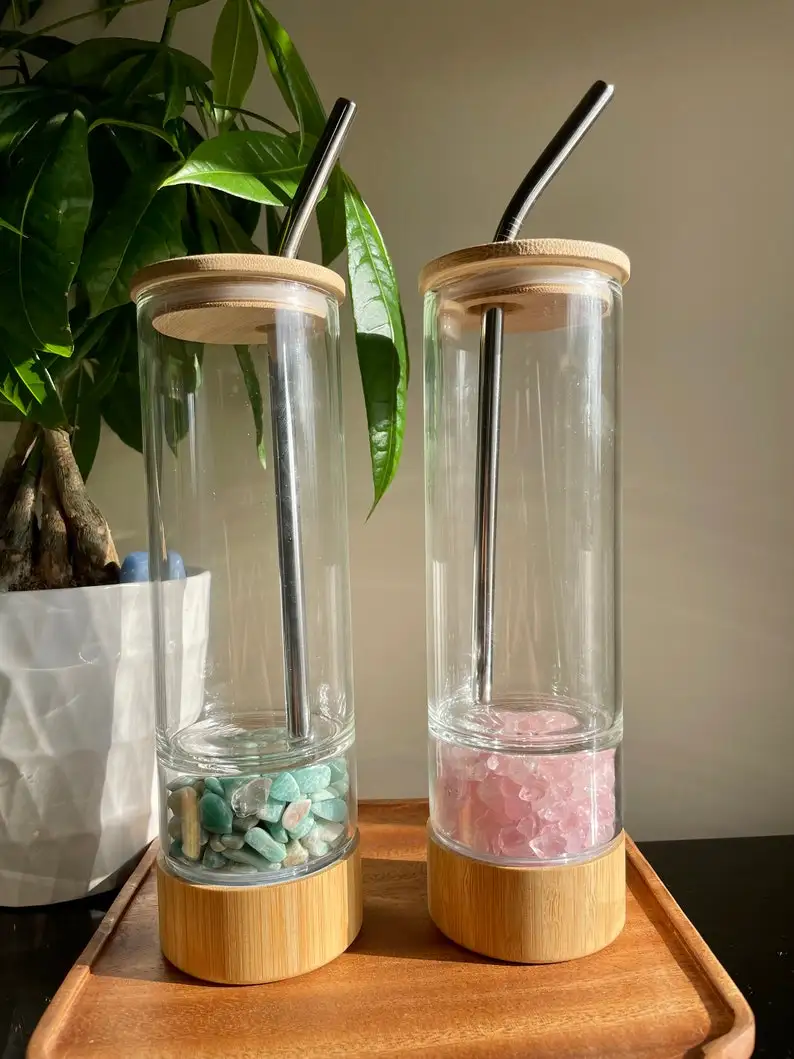 New Style Crystal Water Bottle Quartz Chips Glass Tumbler Cup With Metal Straw