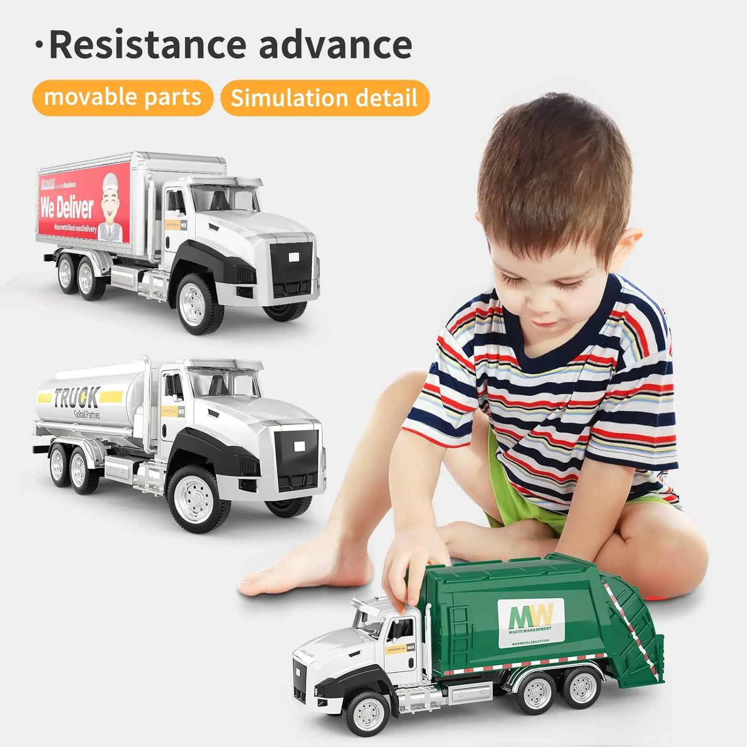 TEMI 3 Pack of Diecast City Transport Vehicles, Garbage car, Tanker, Express Delivery, 1:50 Scale Metal Collectible Models