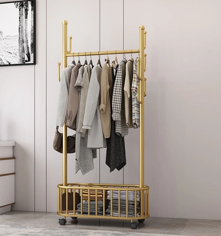 New Listing Light luxury floor drying clothes rack with storage basket bedroom balcony clothes hat rack removable hangers