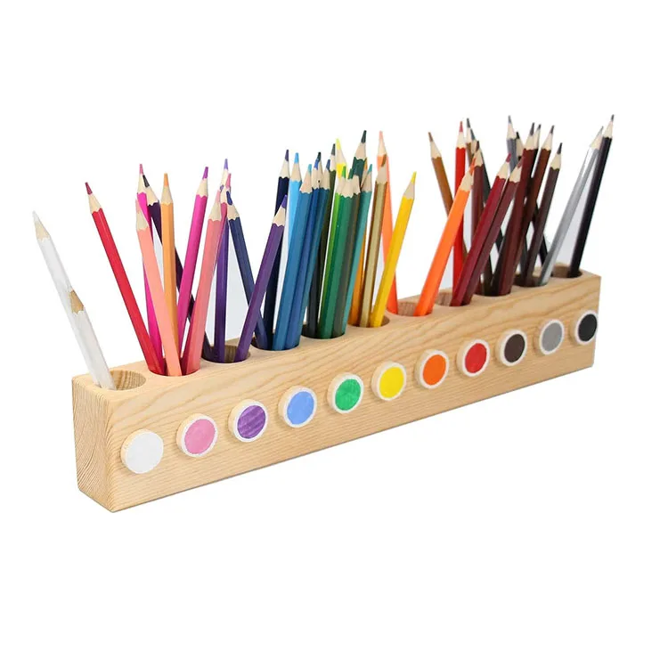 Nature Pine Wood Desktop Wooden Colored Pencil Holder Case Organizer