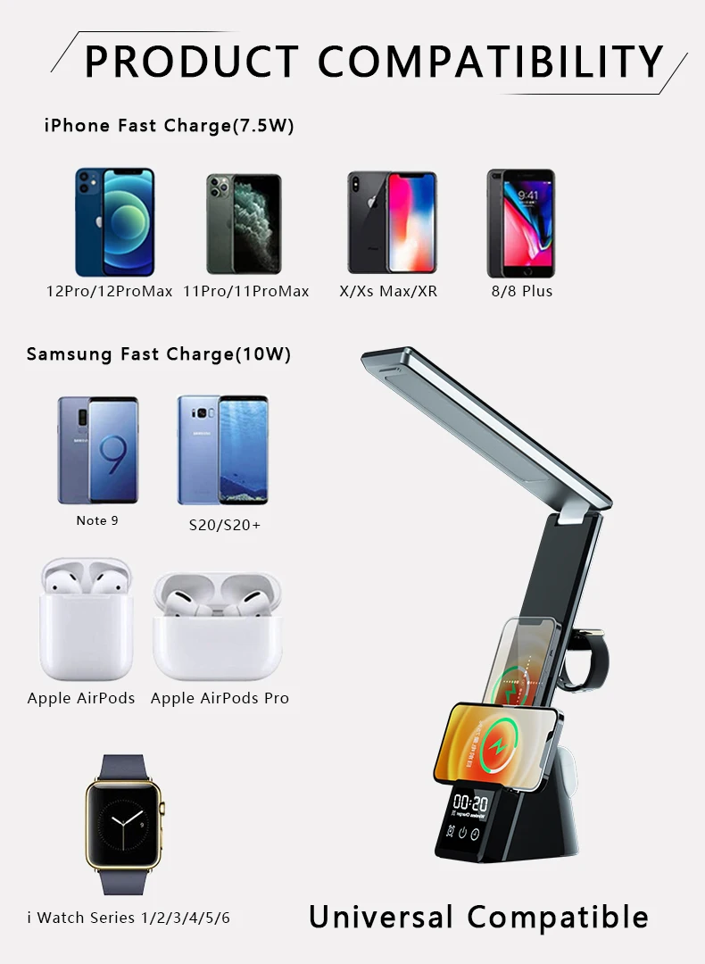 Wireless Charging Desk Lamp Touch Dimming Alarm Clock 3 in 1 LED Smart Home Bedside Modern
