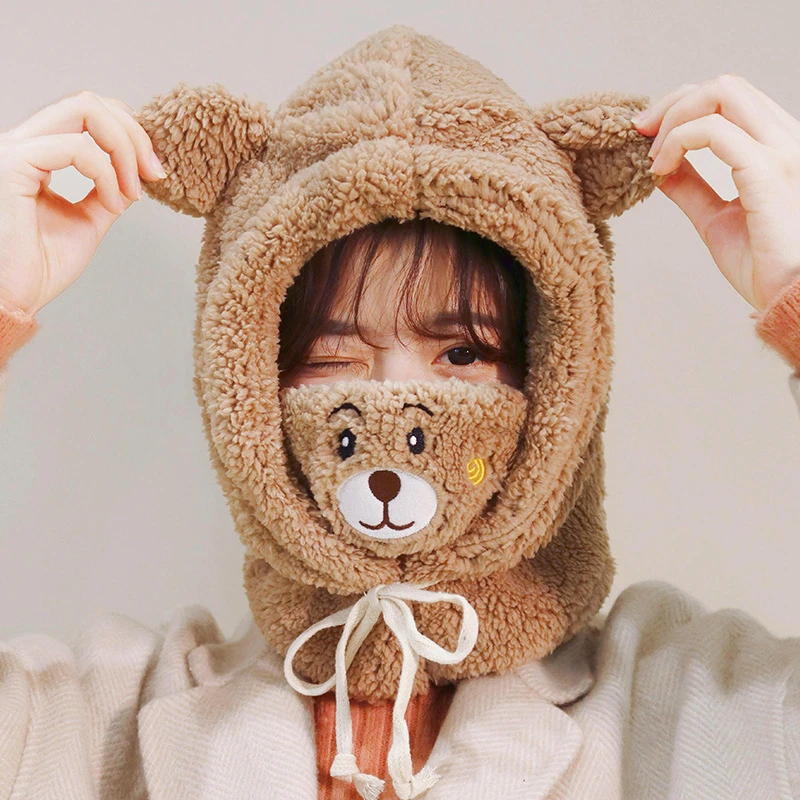 All-match Cute Bear Ear Hat Lamb Plush Simple Korean Winter Riding Thicken Warm Windproof Mask Scarf One-piece Cute Bear Hat
