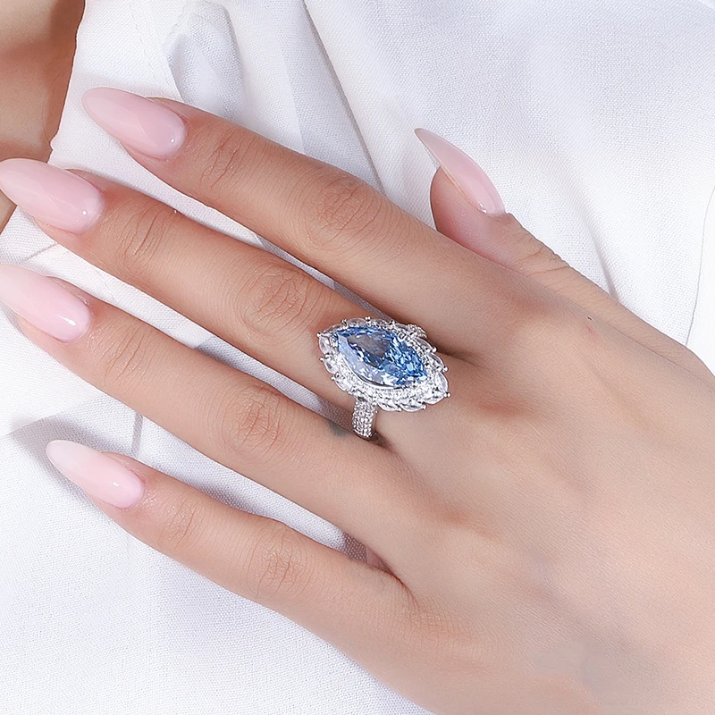 Hot sale S925 silver inlaid zircon 18K gold high carbon diamond Radiant cut big horse eye colored gemstone ladies ring jewelry