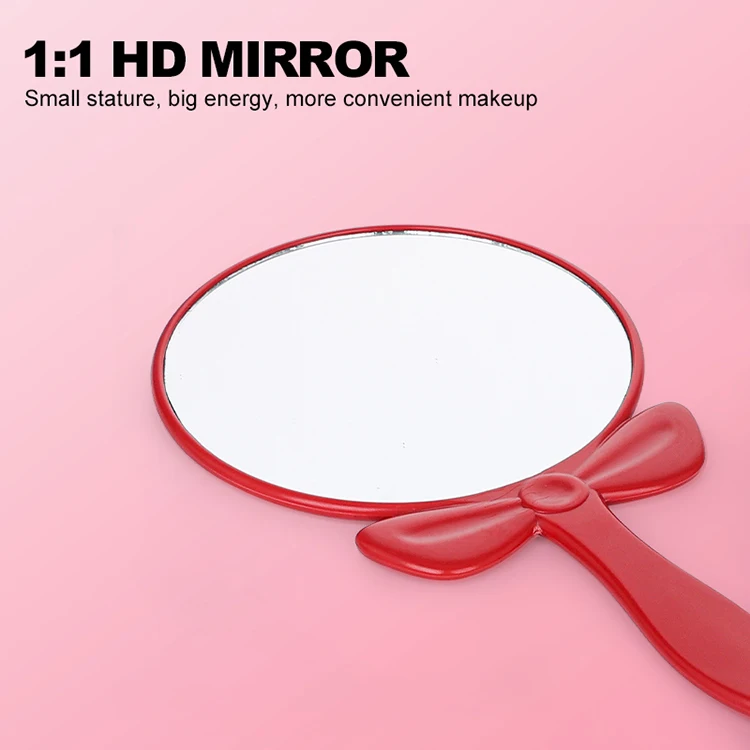custom design women portable compact circle handheld glass mirror handle makeup mirror with red frame for bedroom