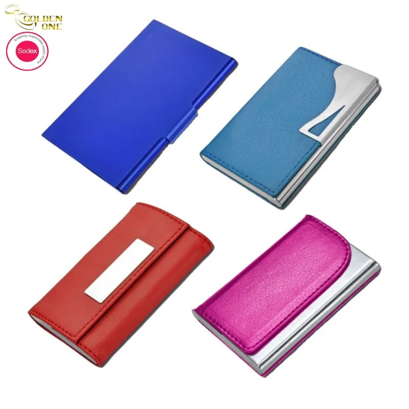 Hot Sale Women Custom Logo Color Pu Leather Stainless Metal Slim Credit Wallet Card Holder For Business Gift