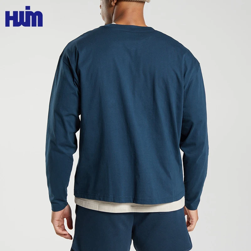 100% Cotton Heavyweight Oversized Laidback Styles Men Running Shirt Custom Logo 220G Ribbed Collar Long Sleeve Tee Shirt