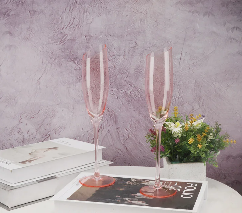 240ml 260ml 580ml Custom Logo Hand-blown Pink Clear Crystal Modern Flamingo Slanted Red Wine Goblet Glass Cup Set