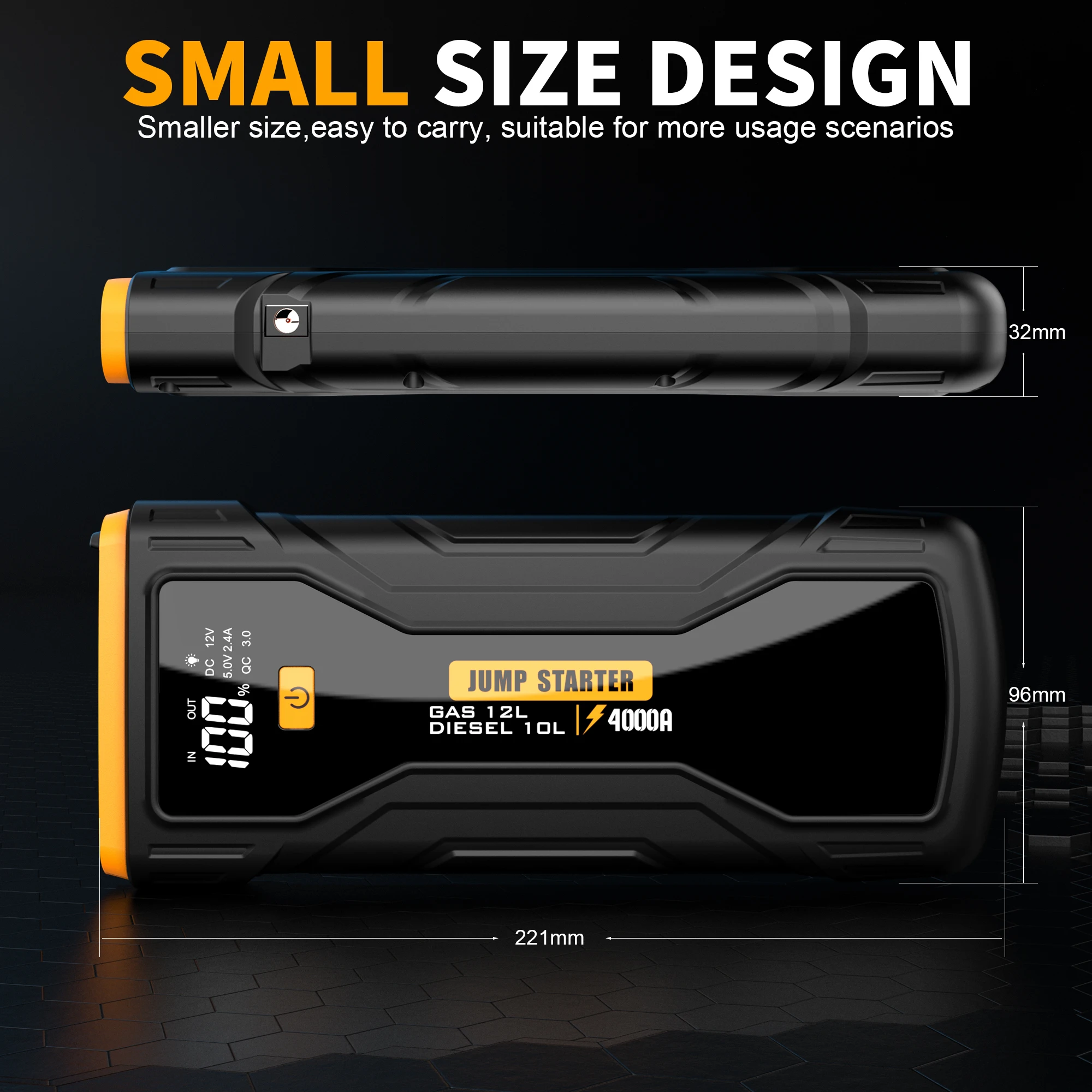 Slim 16000mAh Car Jump Starter with Jumper Cables, 4000A 12V Car Battery Booster Pack for up to 12L Gas & 10L Diesel Engines