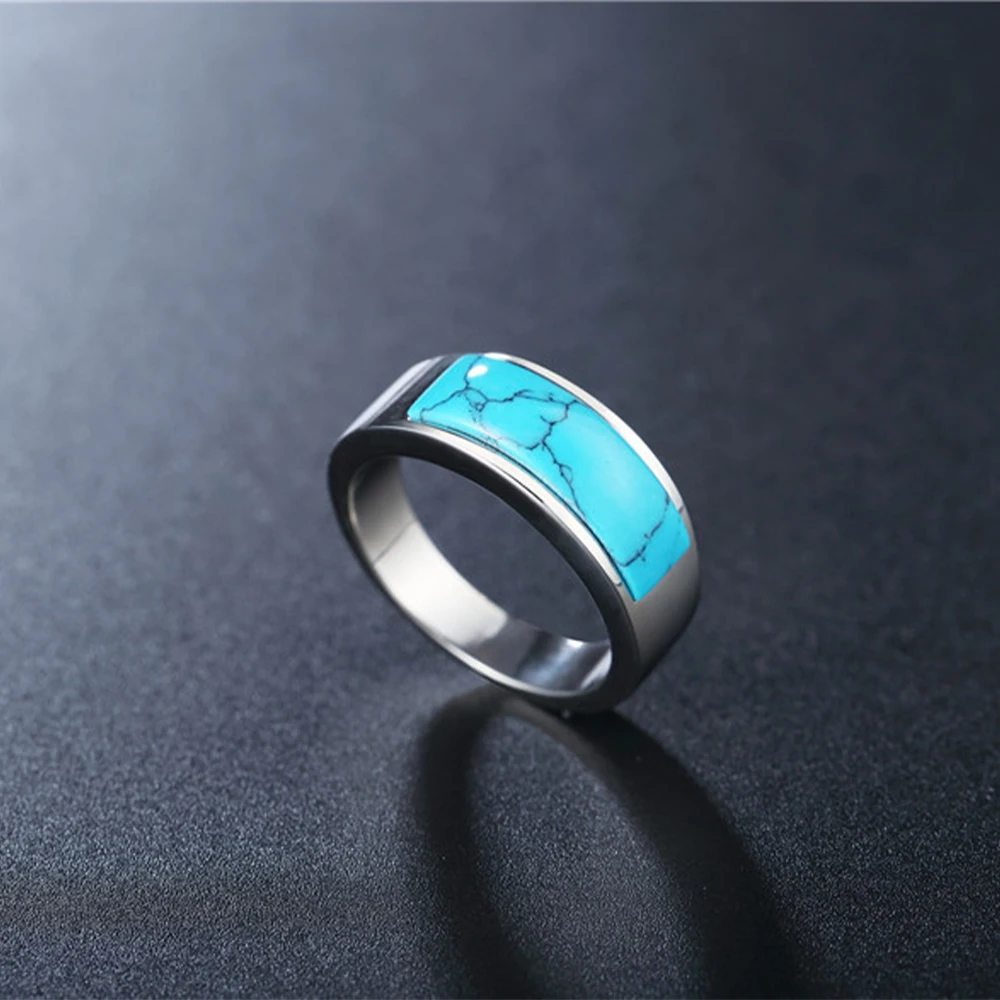Vintage Turquoise Stone Rings Stainless Steel Natural Gemstone Ring For Men