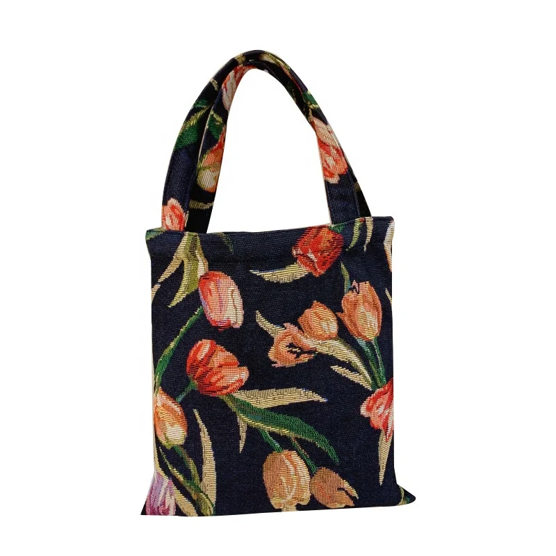 vintage oil painting style calico tulip jacquard factory eco-friendly women tote bag cotton canvas