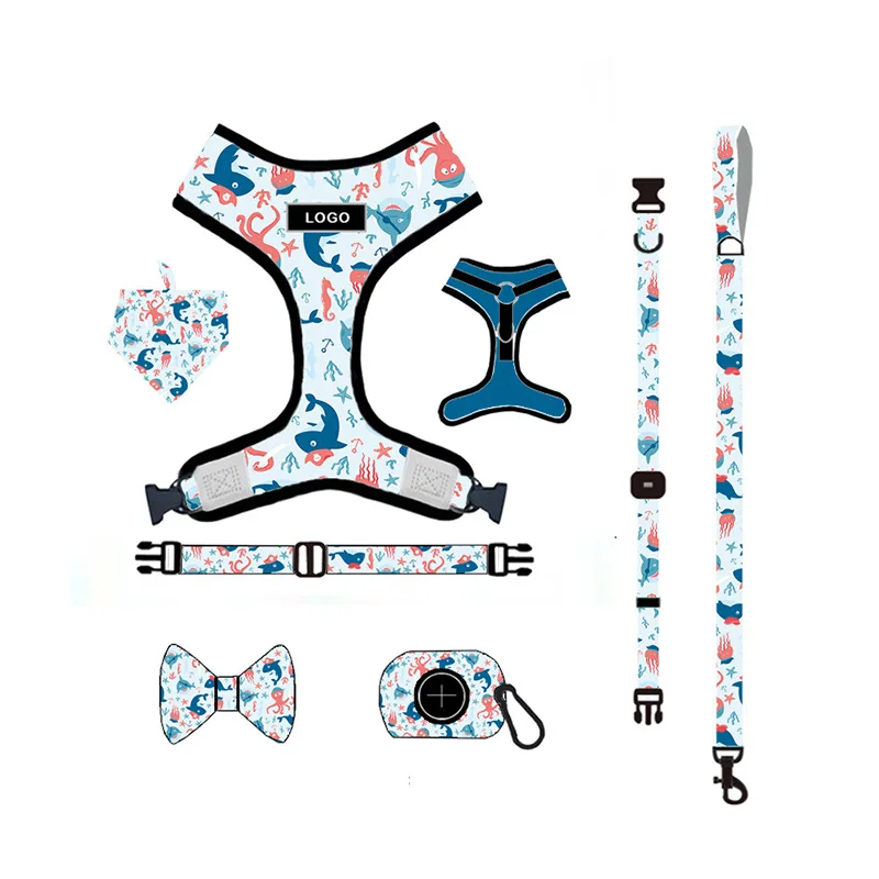 Wholesale custom logo pvc dog harness leash collar sublimation patterns dog leash collar and harness set dog harness and leash