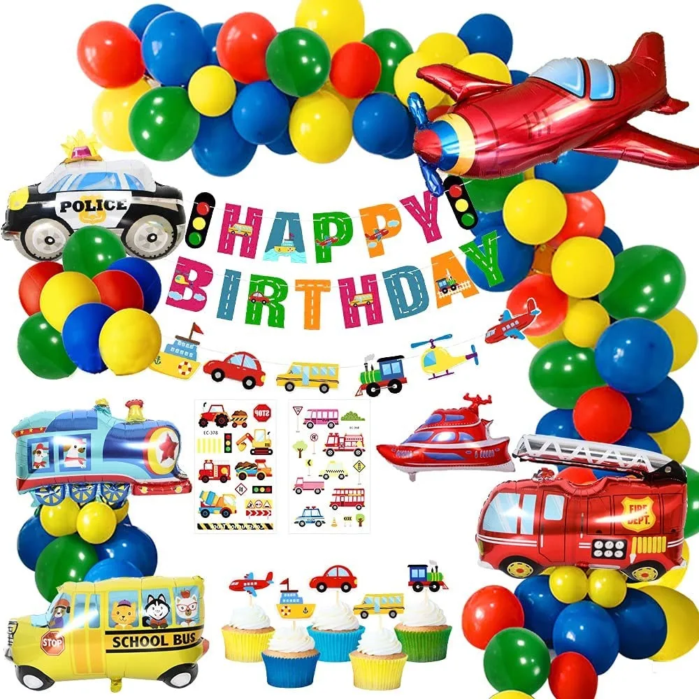 Transportation Birthday Decoration for Boys Happy Birthday  Foil Balloons Transport Vehicles Cake Topper Kids