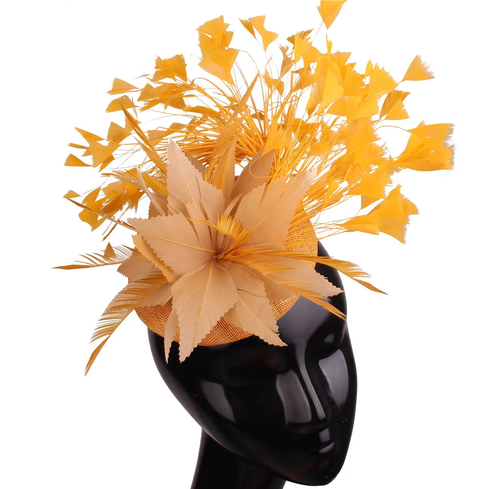 Hot sell Gold Sinamay Fascinators Classic fancy Lily flower Feather with Hairband Derby Hats 40 colors wholesale