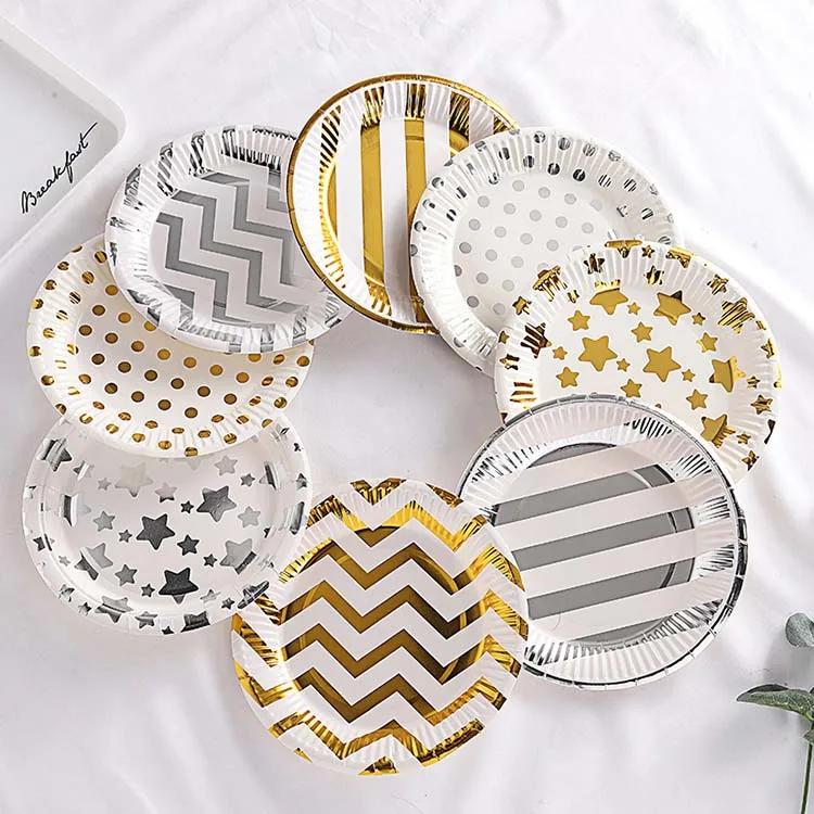White And Gold Picnic Platesupplies Disposable 230g White Paper Plates Party Disposable Dinner Plate