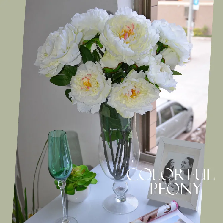 Fuyuan 3heads Peony silk flowers Artificial golden peony Bouquet For Wedding Room Decoration