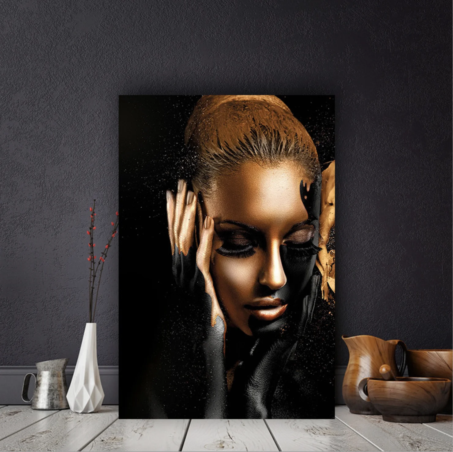 Gold African Woman Fashion Figure Canvas Painting Contemporary Printed Wall Art for SPA Decoration