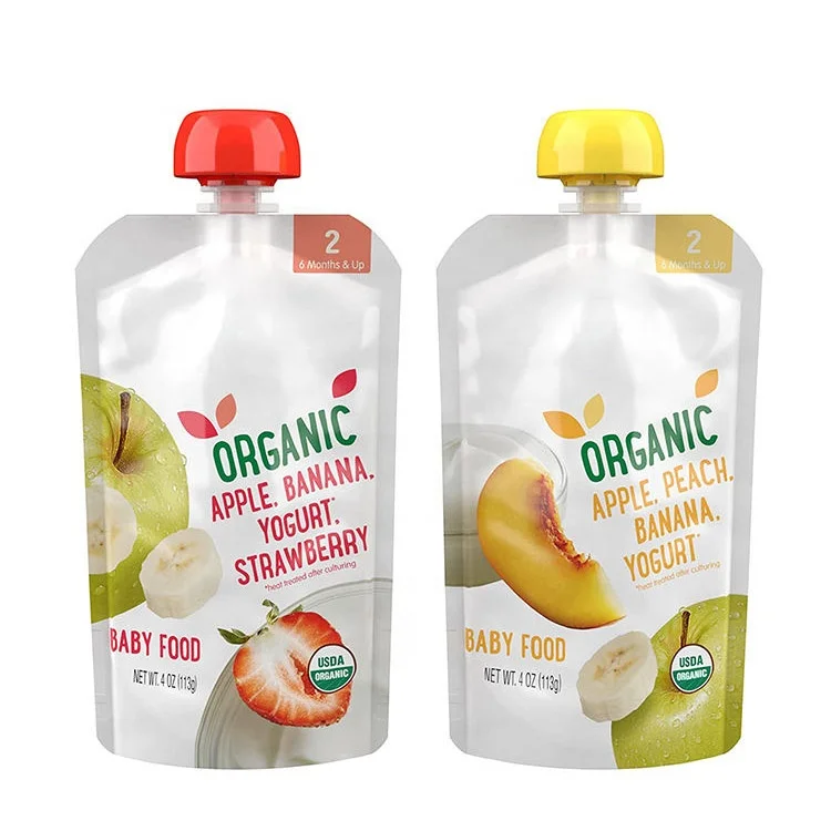 Custom Printed Stand Up Pouch Reusable Squeeze Jelly Juice Doypack Packaging Bag Applesauce Fruit Puree Baby Food Spout Pouch