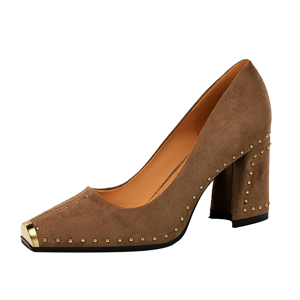 Женские туфли в стиле ретро, туфли на высоком каблуке, с квадратным носком и заклепками, с металлическим носком, 6862-1