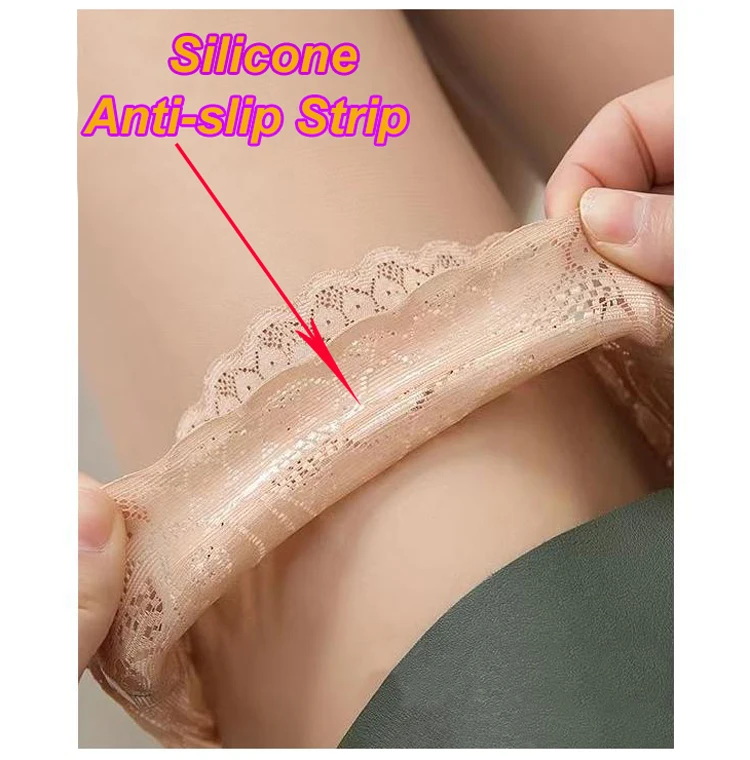 Custom Thin Semi Sheer High Lace Anti-slip Women Stocking Top Sexy Silicone Thigh High Stockings with aiti-slip strip