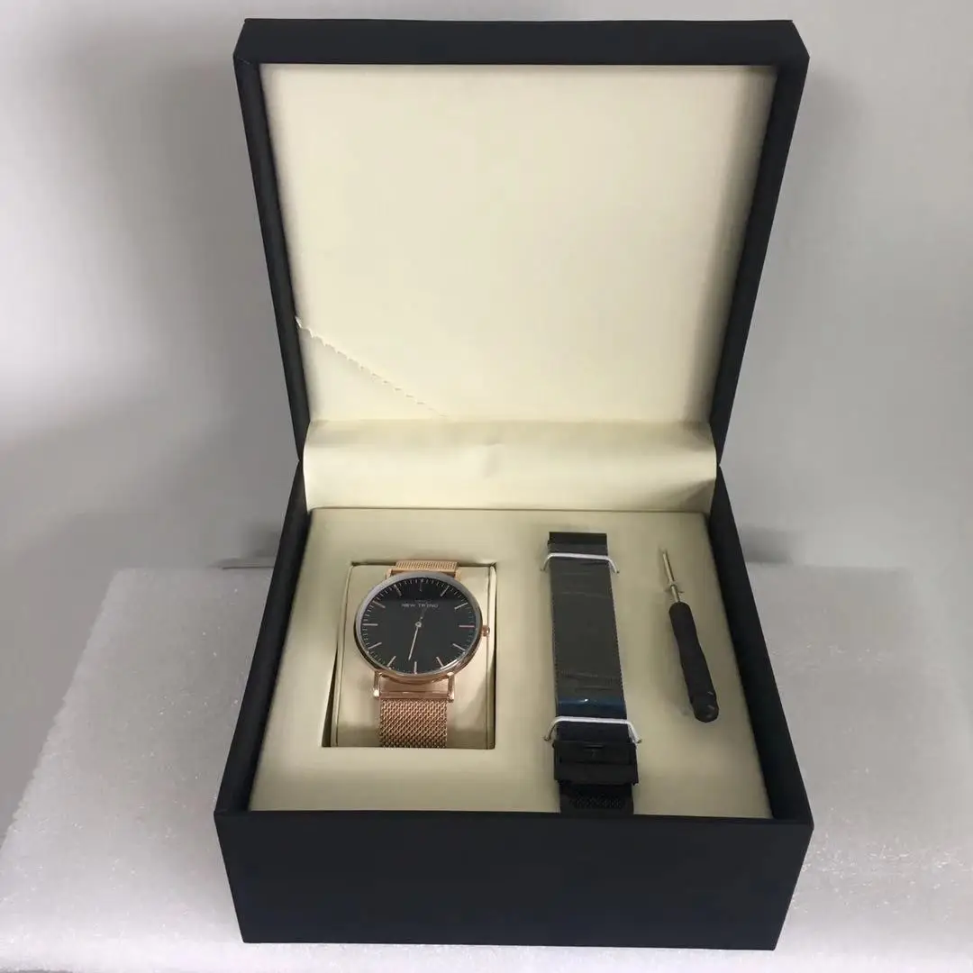 Big Size Black Leather Custom Logo Gift Watch Box Set with Extra Space for Strap and Watch Tool