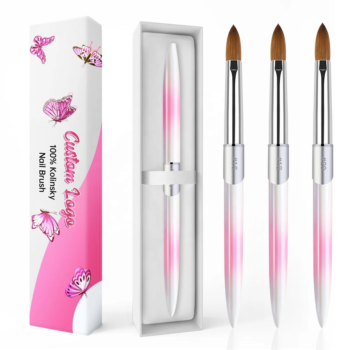 Professional Salon Nail Art Brush Custom Gift Box Pink Nail Painting Brush Crimped 100% Acrylic Nail Brush for Acrylic Powder