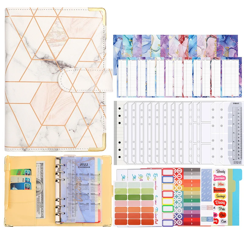 A6 Loose-leaf Rings Binder New Gold Stamping Marble Pu Leather Budget Binder With Cash Envelopes Journal Notebook Planner Diary