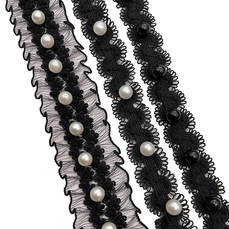 Garment Accessories White black Bead Trim Elastic Trim Tulle Bridal Fabric Sewing Handmade Beaded Pearl Lace Bead Trim