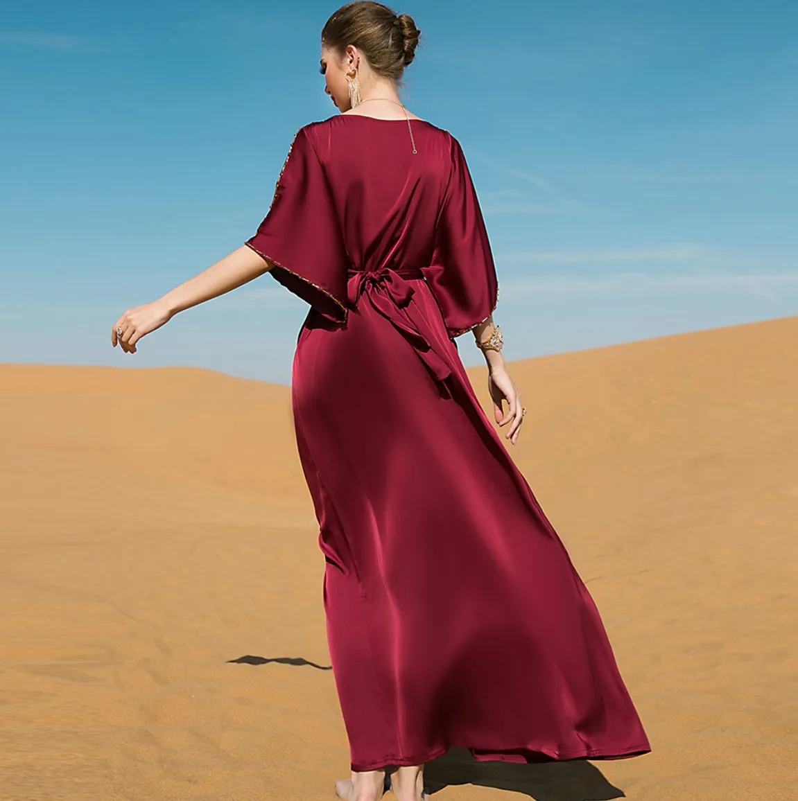 Islamic clothing Muslim long dress handmade heavy diamonds wine red summer arabic short sleeve satin dress abaya for women