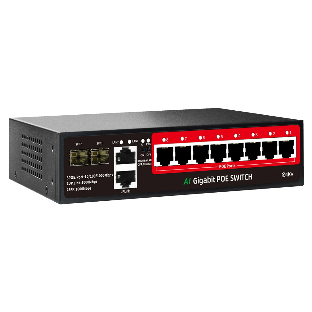 Factory Cheap Price Gigabit 8 Port 100W 48V POE Switch 2 upink 2SFP With 120W Power Supply 250 Meters Extended Mode