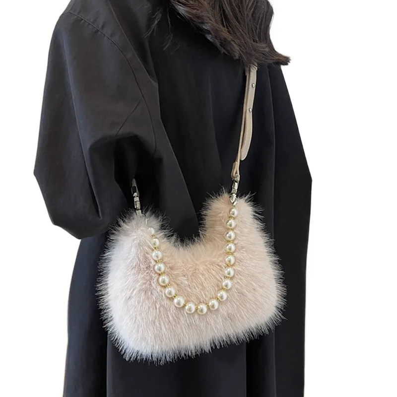 Trending Products 2024 New Arrivals Bags Women Handbags Lady Cartera De Lujo Para Mujer Beaded Pearl Evening Furry Shoulder Bag