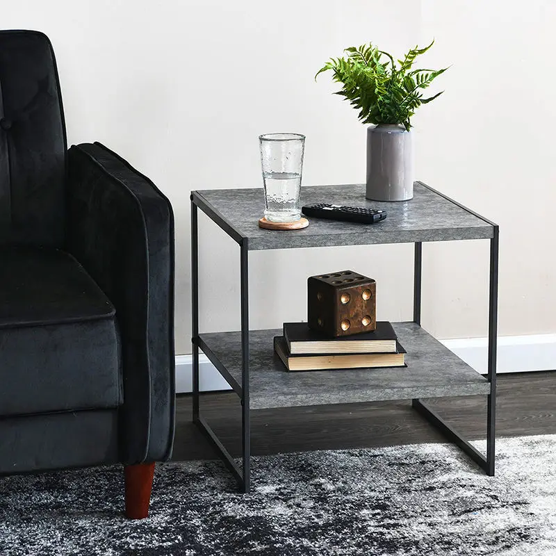 Custom 2 Tier Nordic Wooden Side Table Bed Side Table Modern Sofa Metal Frame Side Cabinet For Living Room