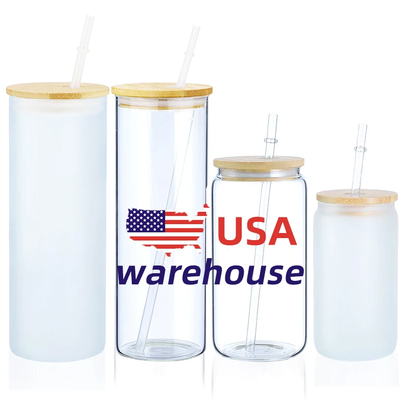 US warehouse12oz 16oz 20oz 25oz blank sublimation frosted clear Beer mugs Shaped Glass soda can coke with bamboo lid and straw