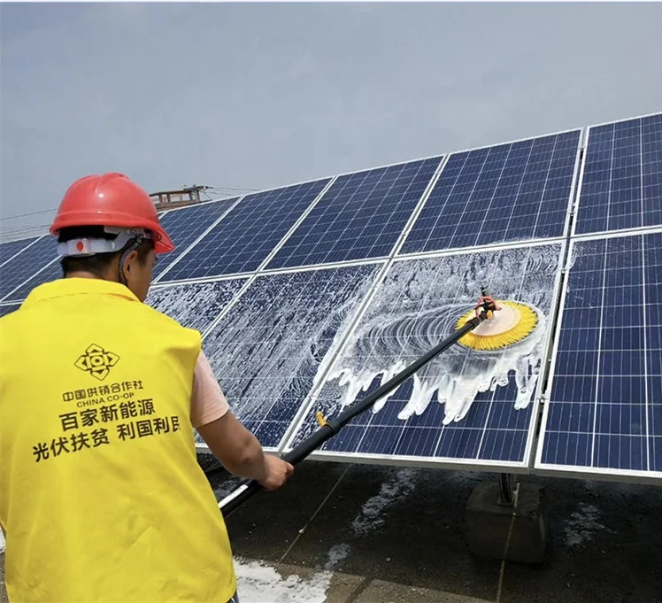 Rotating brush single head dual power solar panel cleaning brush with lithium battery pack water supply