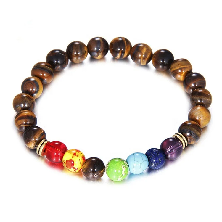 Manufacturer Price Wholesale 7 Chakra Tiger Eye Stone Elastic Bracelet Natural Gemstone Yoga Beaded Bracelet