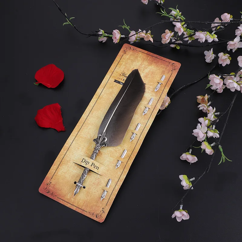 Fancy Stationery Vintage Replaceable Dip Color Feather Fountain Pen with 5 Nibs