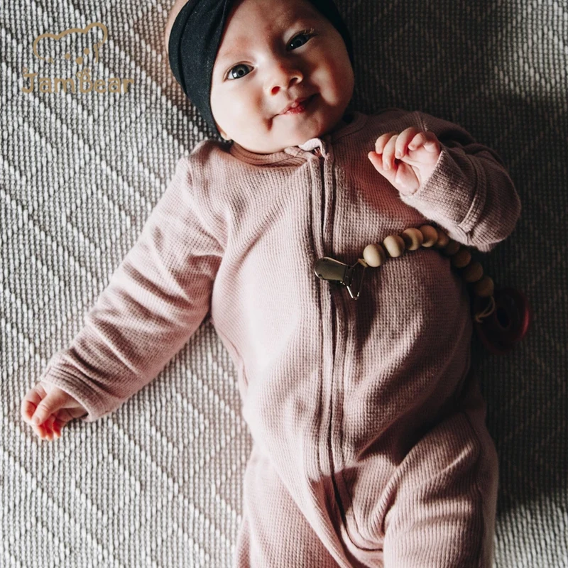 Baby Organic waffle romper Organic Thermal Footie new baby zip romper High Quality infant jumpsuit ribbed knit romper