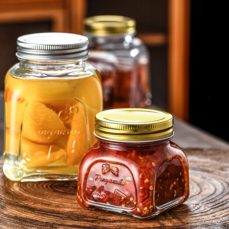 Factory Supply New Design 250ml 500ml 750ml Square Shape Glass Mason Jar with Fruit Logo for Honey Jam Storage