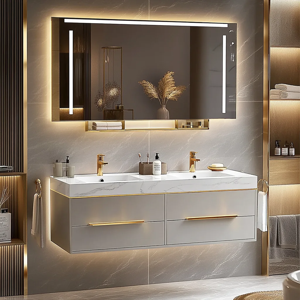 High-End Home Style Bathroom Cabinet Design with White Marble Countertop and Metal Frame