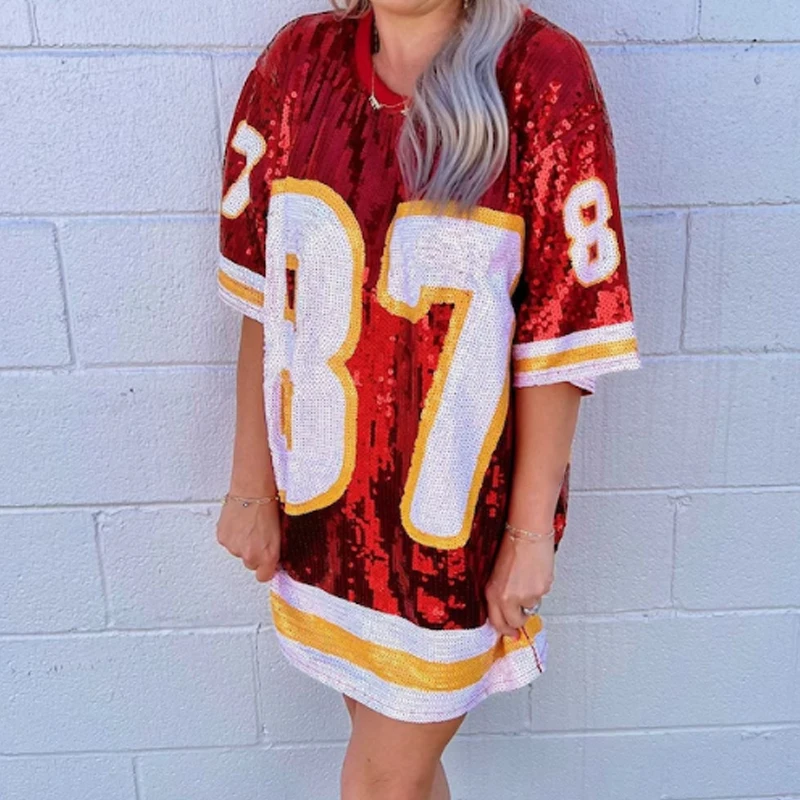 Womens KC Football Game Day Jersey Dress Red 87 All Sequin KC Jersey Sequin T-Shirt Dress Kansas City Football Sequin Dress