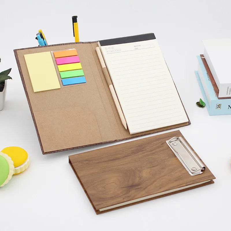 Novelty Creative Wood Grain Cover Notepad Multifunctional Clip Sticky Memo Pad Customize Promo Gifts Notebooks with Pen Pencil