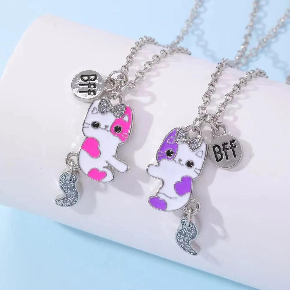 2pcs Friendship Sequin Magnets Attract Necklaces Party Holiday Gift Cute Cartoon BFF Rhinestone Cat Pendant Necklace For Girls