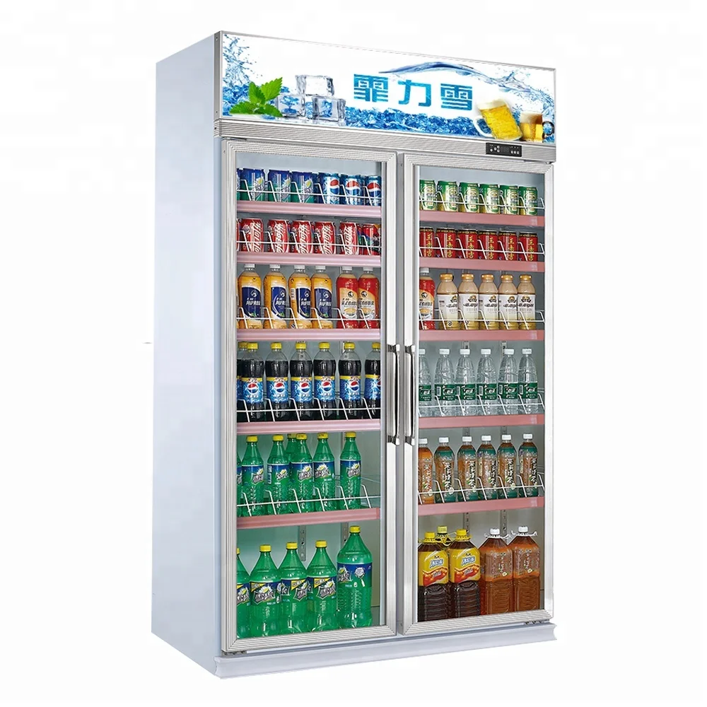 Коммерческий вертикальный холодильник для напитков двойная стеклянная дверь